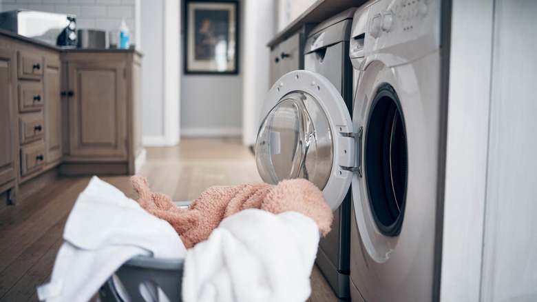 Laundry next to a washing machine