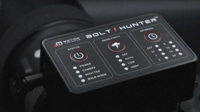 A close-up shot of the front button controls of the Bolt Hunter lightning detector.