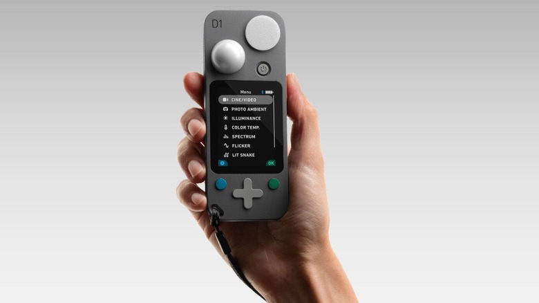 The Lit Duo 1 light meter, held in a hand.