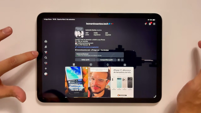 Leonardo Santos using the Instagram app on an iPad resting on a table