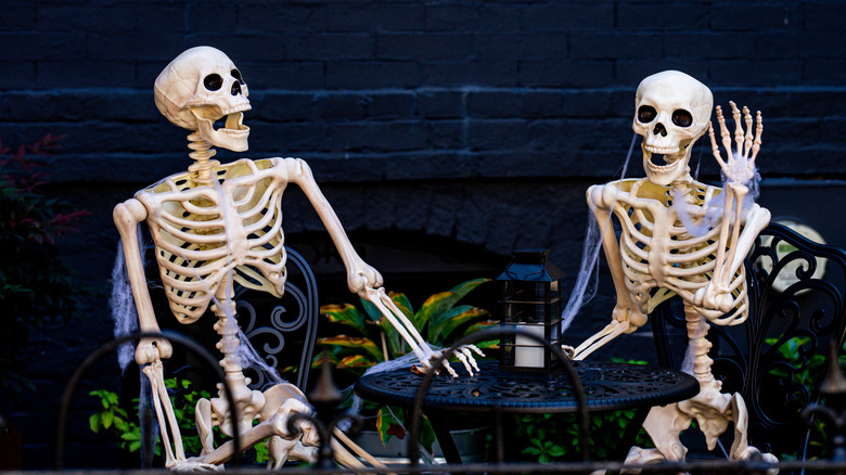 Two skeletons sitting at table