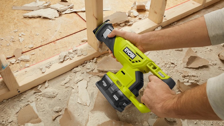 cutting stud wall segment with Ryobi reciprocating saw