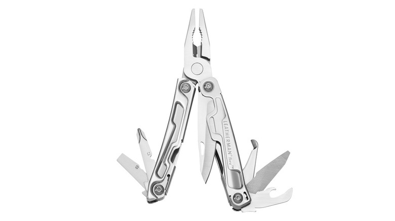 Silver Leatherman Rev Pocket with pliers and tools exposed, on white background