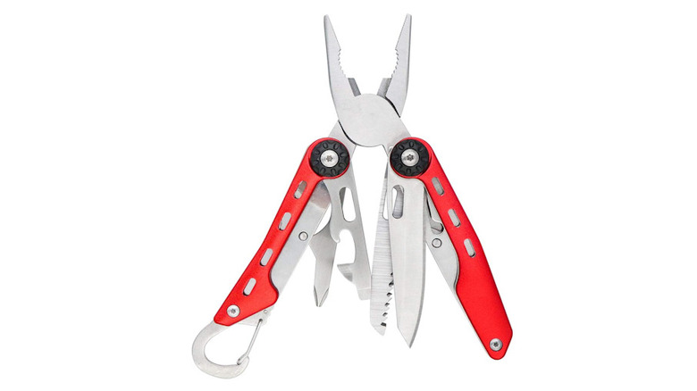 Red Amazon multi-tool with pliers and tools exposed, on white background