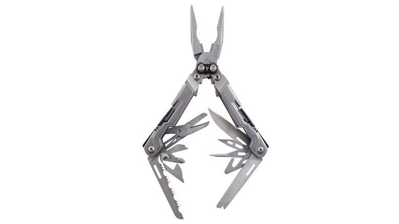 Silver SOG PowerPint Mini Multi-tool with pliers out and tools extended, with a white background