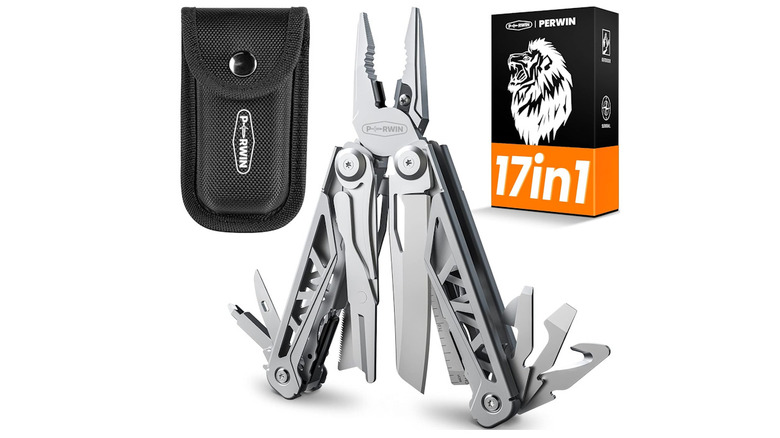 Perwin 17-in-1 Multi-tool that has pliers and tools out, with sheath and box on a white background