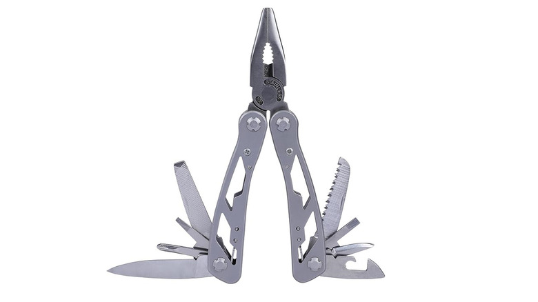 Silver Stanley Multi-tool with pliers out and tools apart, with a white background