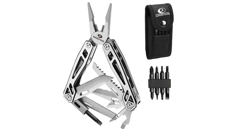 Silver multi-tool with tools exposed and spread out, with sheath and screwdrivers on the side, with a white background