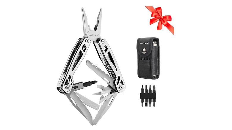 WETOLS Multi-tool with exposed pliers and tools, next to the sheath and spare screwdriver heads