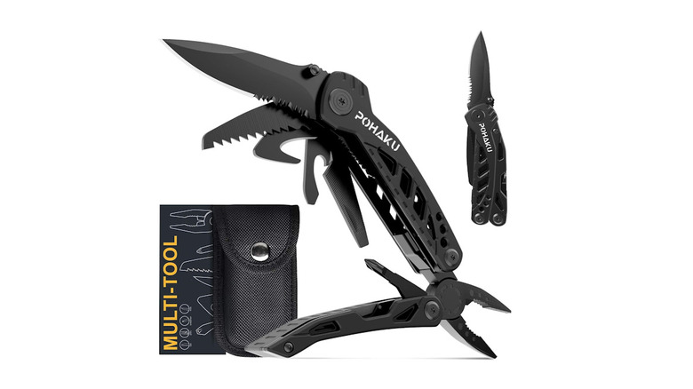 Pohaku Multi-tool with knife and pliers exposed, next to the sheath on a white background