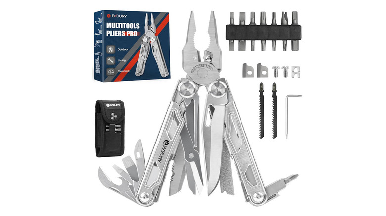 BIBURY Multi-tool with screwdriver bits and other tools surrounding it on a white background