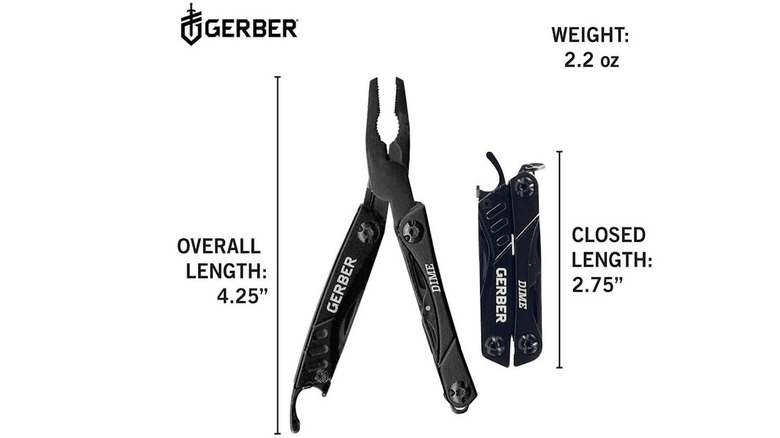 Gerber Gear Dime diagram showing closed and open length with a white background