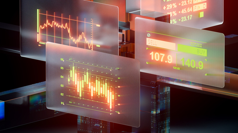 Digital generated image of a futuristic financial dashboard with holographic displays of various stock market graphs and data visualizations.