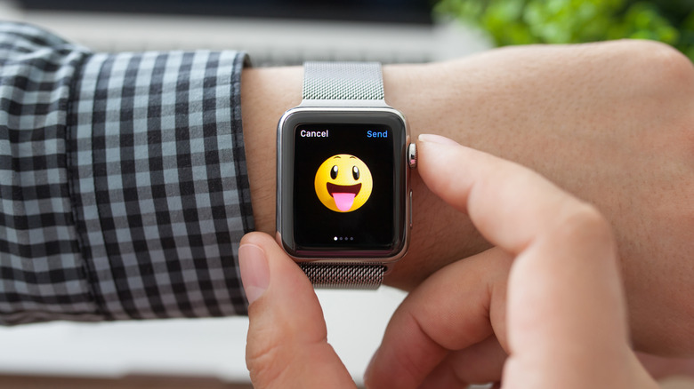 Man hand with Apple Watch and smile on a screen.