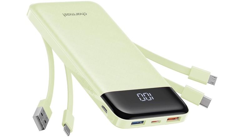 Green rectangular device with four matching cables attached