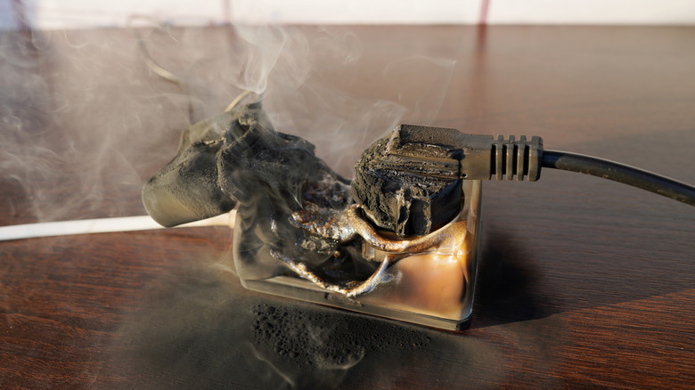 A melted power outlet surrounded by smoke