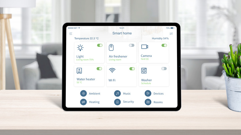 A screen on a table showing different smart home functions