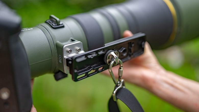 Camera strapped attaching to the tripod foot of the Nikon 800mm f6.3 lens.