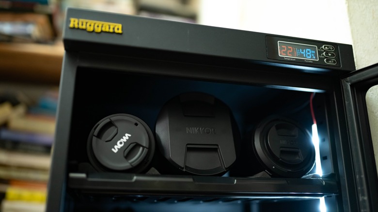 Camera gear inside a Ruggard dry cabinet.