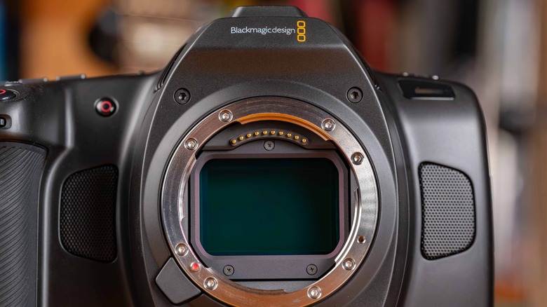 The exposed sensor of a Blackagic design camera.