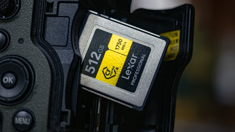 Lexar CFE card poking out of the Nikon Z8 card slot.
