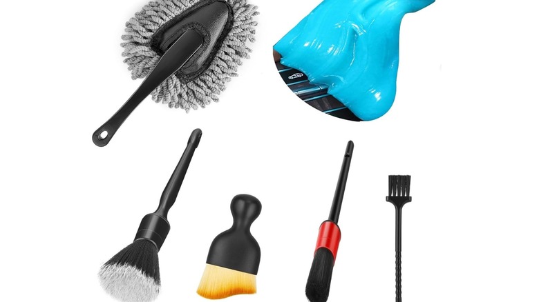 Collection of various detail brushes and blue gel-like goo