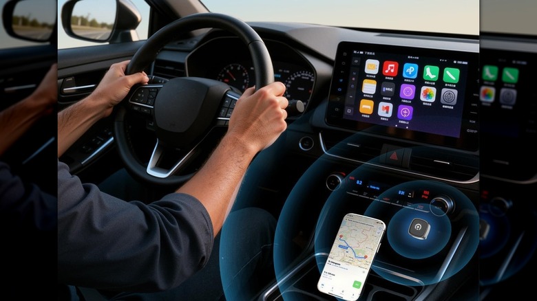 Person driving a car with Apple CarPlay on the dashboard