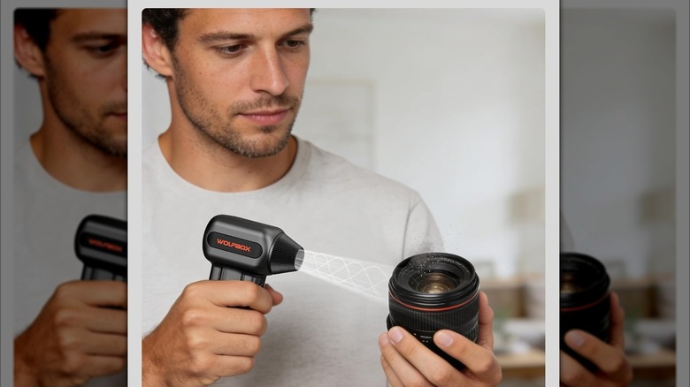 Man using gadget to blow off a camera lens