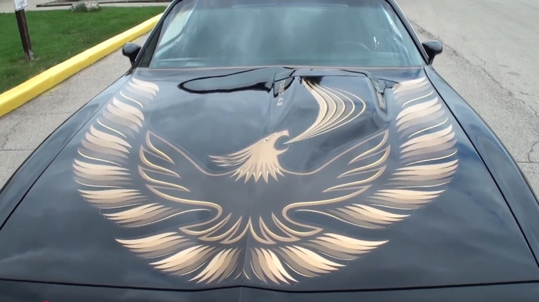 The signature gold Screaming Chicken hood graphic on a black 1980 Pontiac Firebird Trans Am.