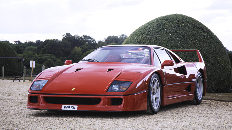 Red Ferrari F40 parked in front of some bushes on a gravel road