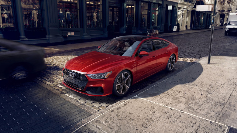 A red Audi A7 parked