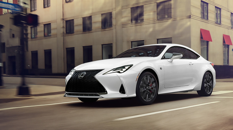 A white Lexus RC F parked