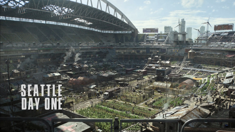 A repurposed stadium in Seattle has been transformed into a fortified settlement with gardens, shelters, and wind turbines, as shown on "Day One" in "The Last of Us."