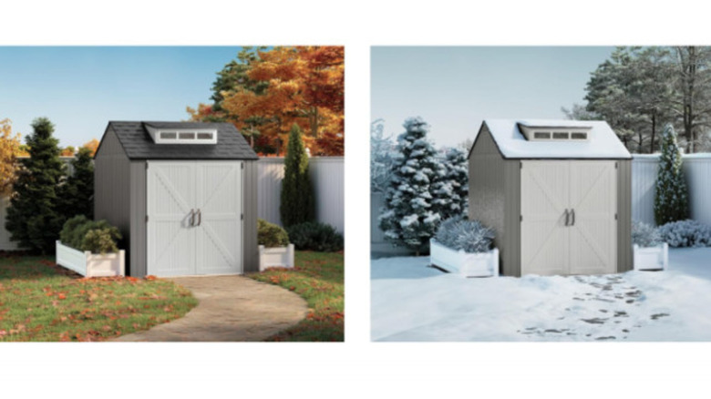 Ad illustrating Rubbermaid shed all-weather performance