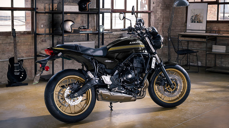 Kawasaki Z650RS motorcycle parked in an apartment