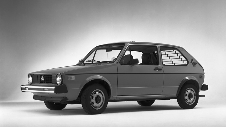 Front 3/4 shot of a 1976 Volkswagen Rabbit.