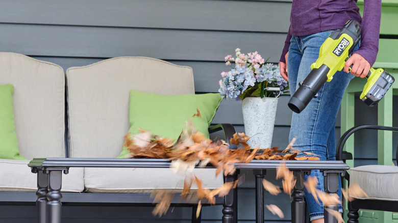 person using blower on leaves