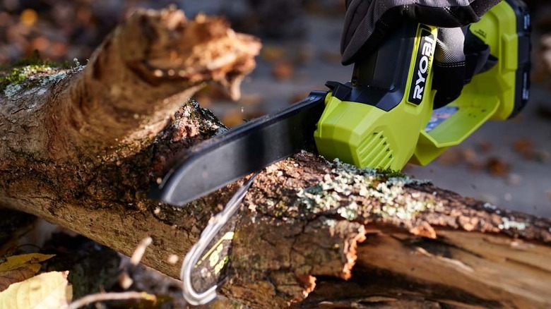 person using chainsaw on log