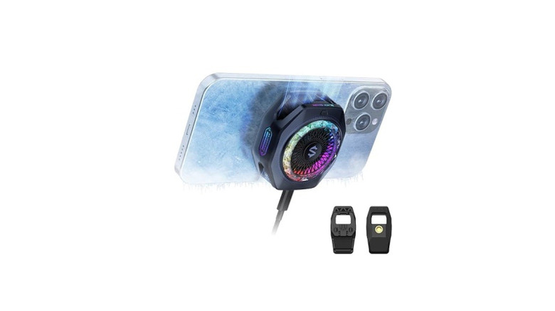 Phone cooler mounted on phone with white background
