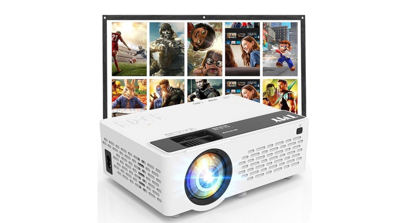 Portable projector with movie content on white background