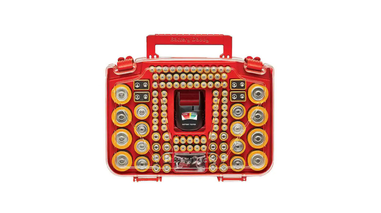 Battery storage case with tester in red against a white background