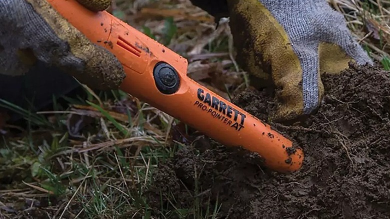 Using a Garrett metal detector to find an object in a garden.