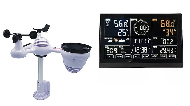 A wireless weather station and a digital display against a white background.