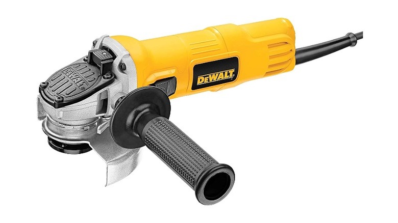 DeWalt angle grinder with a side handle against a white background.