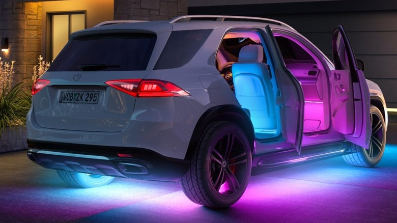A car with LED lights installed on the underside