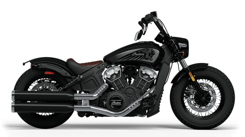 Indian Scout Bobber Twenty on display in black metallic