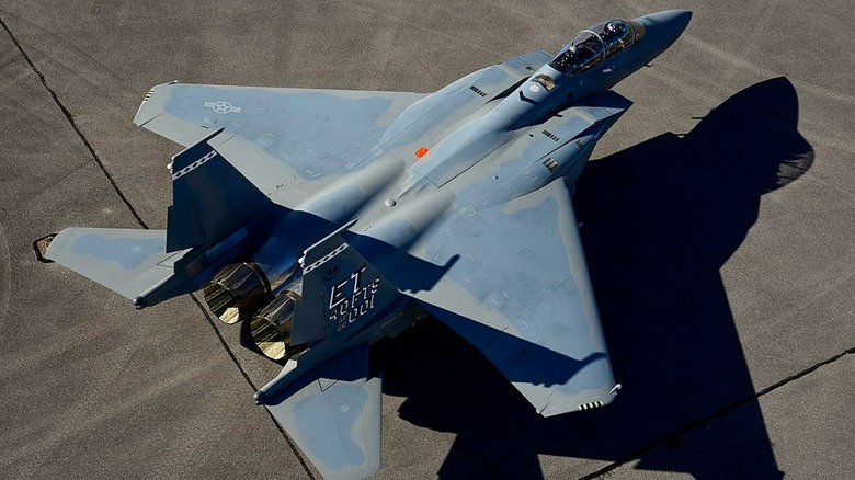 overhead shot of F-15EX on tarmac