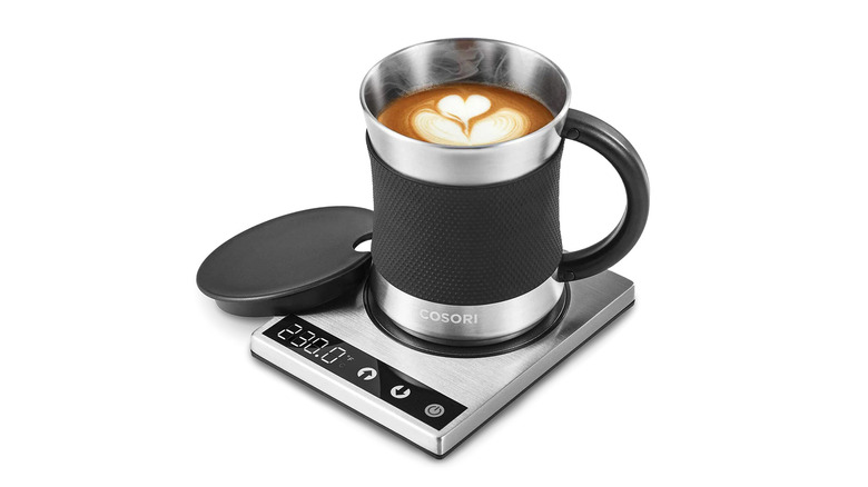 A close up of the Corosi Coffee Warmer and Mug