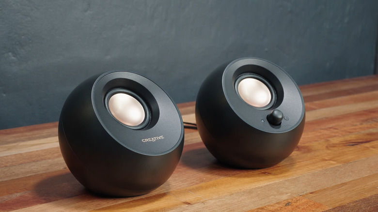 A close up of the Creative Pebble V3 speakers