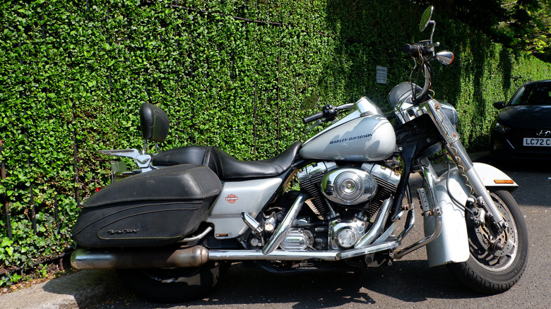 A silver Harley-Davidson Road King motorbike parked next to a hedge, with saddle bag visible.